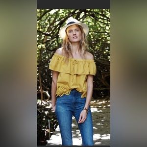 Madewell Eyelet Balcony Off The Shoulder Top Blouse Mustard Yellow XS